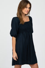 Navy Blue Linen Square Neck Smocked Top Dress