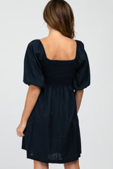 Navy Blue Linen Square Neck Smocked Top Dress