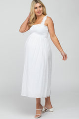 White Square Neck Eyelet Maternity Midi Dress