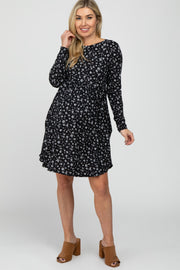 Black Floral Ribbed Long Sleeve Maternity Dress