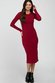 Burgundy Basic Fitted Midi Dress