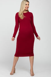 Burgundy Basic Fitted Maternity Midi Dress