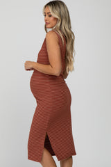 Rust Striped Ribbed Sleeveless Maternity Midi Dress