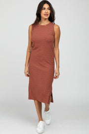 Rust Striped Ribbed Sleeveless Midi Dress