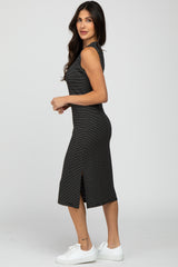 Black Striped Ribbed Sleeveless Midi Dress