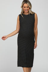 Black Striped Ribbed Sleeveless Maternity Midi Dress