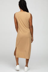 Camel Striped Ribbed Sleeveless Midi Dress