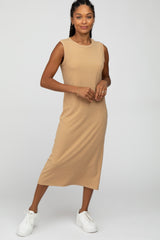 Camel Striped Ribbed Sleeveless Maternity Midi Dress