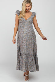 Grey Floral Ruffle Accent Maternity Midi Dress