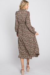 Brown Floral Mock Neck Midi Dress