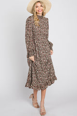 Brown Floral Mock Neck Midi Dress