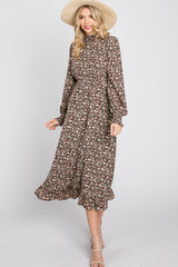 Brown Floral Mock Neck Midi Dress