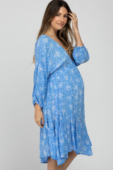 Blue Ditsy Floral V-Neck Handkerchief Maternity Dress