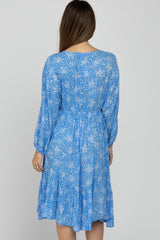 Blue Ditsy Floral V-Neck Handkerchief Maternity Dress