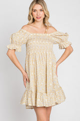 Yellow Floral Square Neck Smocked Ruffle Hem Dress