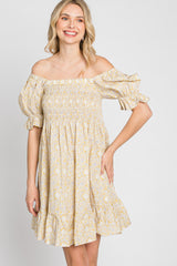 Yellow Floral Square Neck Smocked Ruffle Hem Dress