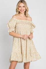 Yellow Floral Square Neck Smocked Ruffle Hem Dress