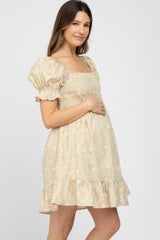 Yellow Floral Square Neck Smocked Ruffle Hem Maternity Dress