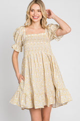 Yellow Floral Square Neck Smocked Ruffle Hem Maternity Dress