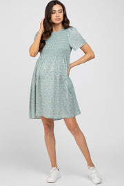 Mint Green Ditsy Floral Smocked Maternity Mini Dress