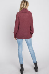 Burgundy Brushed Cowl Neck Button Accent Top