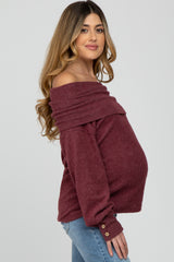 Burgundy Brushed Cowl Neck Button Accent Maternity Top