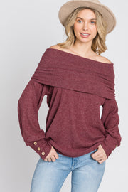 Burgundy Brushed Cowl Neck Button Accent Top