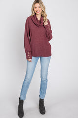 Burgundy Brushed Cowl Neck Button Accent Top