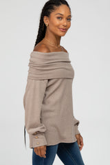 Taupe Brushed Cowl Neck Button Accent Top