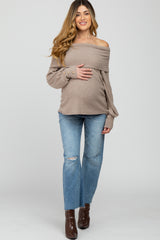 Taupe Brushed Cowl Neck Button Accent Maternity Top