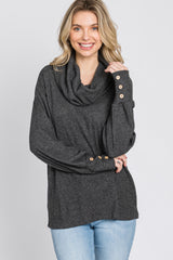 Charcoal Brushed Cowl Neck Button Accent Top