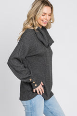 Charcoal Brushed Cowl Neck Button Accent Top