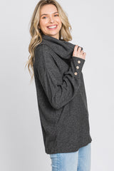 Charcoal Brushed Cowl Neck Button Accent Top