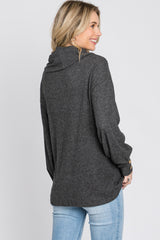 Charcoal Brushed Cowl Neck Button Accent Top