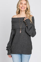 Charcoal Brushed Cowl Neck Button Accent Top