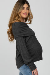 Charcoal Brushed Cowl Neck Button Accent Maternity Top