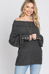 Charcoal Brushed Cowl Neck Button Accent Maternity Top