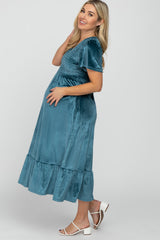 Teal Velvet Smocked Maternity Midi Dress