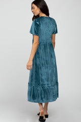 Teal Velvet Smocked Midi Dress