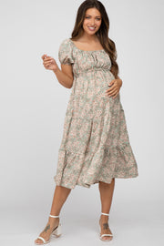 Light Olive Floral Cutout Maternity Midi Dress