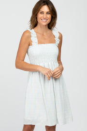 Ivory Windowpane Plaid Square Neck Smocked Dress