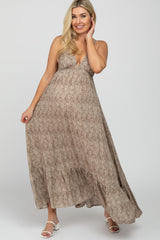 Taupe Printed Tie Back Maternity Maxi Dress