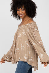 Taupe Floral Off Shoulder Long Sleeve Top