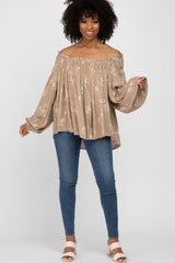 Taupe Floral Off Shoulder Long Sleeve Top