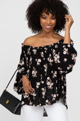 Black Floral Off Shoulder Long Sleeve Top