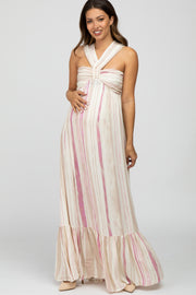 Pink Taupe Striped Halter Neck Maternity Maxi Dress