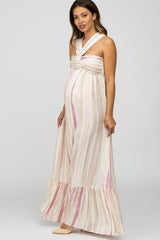 Pink Taupe Striped Halter Neck Maternity Maxi Dress