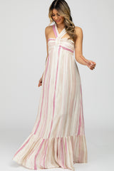 Pink Taupe Striped Halter Neck Maxi Dress