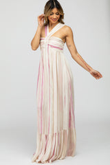 Pink Taupe Striped Halter Neck Maxi Dress