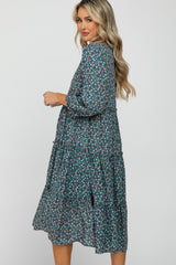 Blue Floral Button Front Tiered Ruffle Maternity Midi Dress